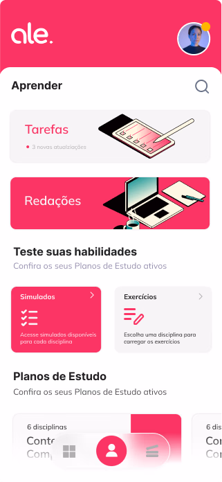 Tela Aprender do app ale. com tarefas, redações e simulados