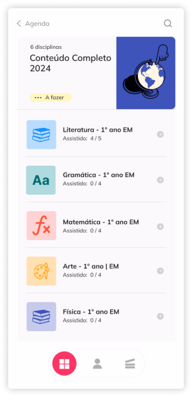 Tela de conteúdo completo do app ale. com a lista de disciplinas