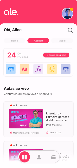 Tela inicial do app ale. com a agenda do aluno e aulas ao vivo